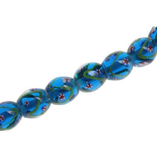 Glasperlen Shiny w Flower design  Palace blue oval / 20mm / 21pcs.