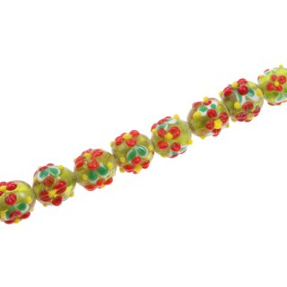 Glasperlen Shiny w Flower design green red yellow round / 13mm / 35pcs.