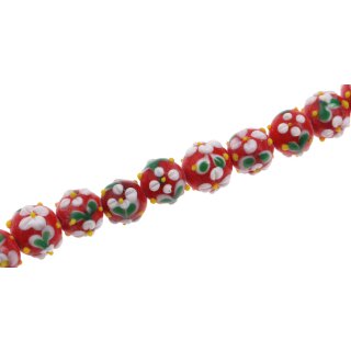 Glasperlen Shiny w flower design red white round / 12mm / 33pcs.