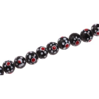 Glasperlen Shiny w Flower design black white red round / 11mm / 38pcs.